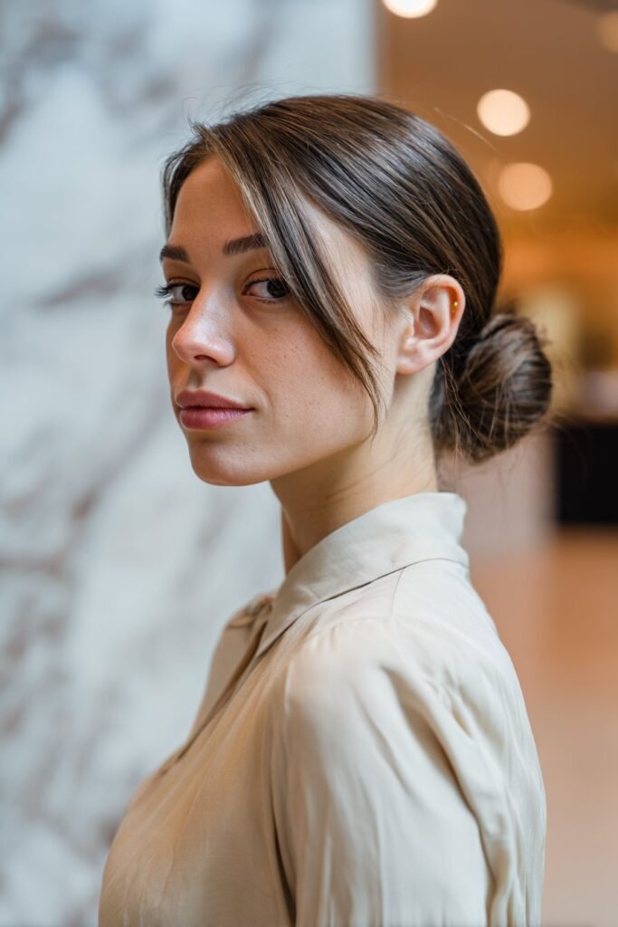 sleek low bun with side-swept bangs, smooth polished hairstyle detail