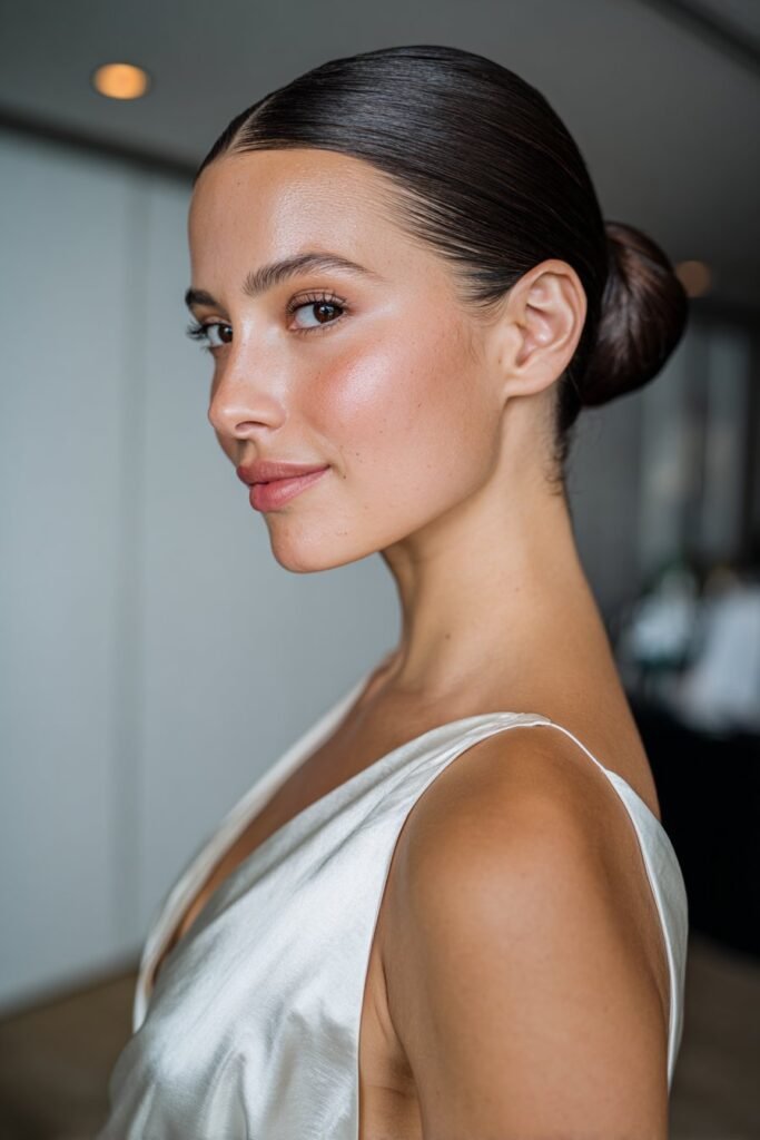 bridesmaid with sleek low chignon hairstyle at the nape