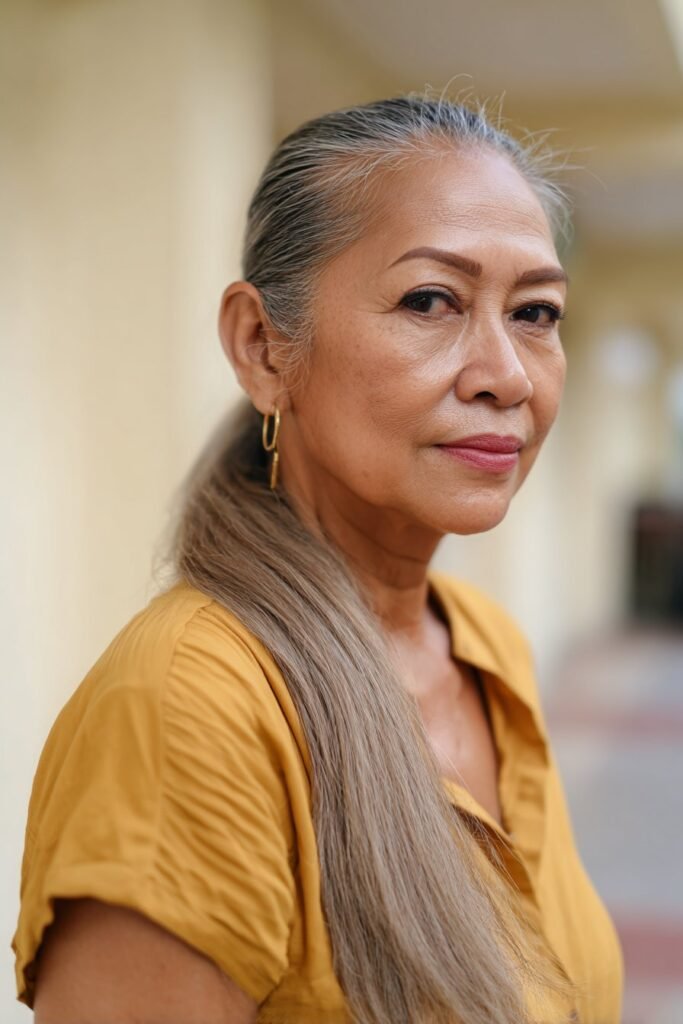 older woman sleek low ponytail elegant summer wedding look