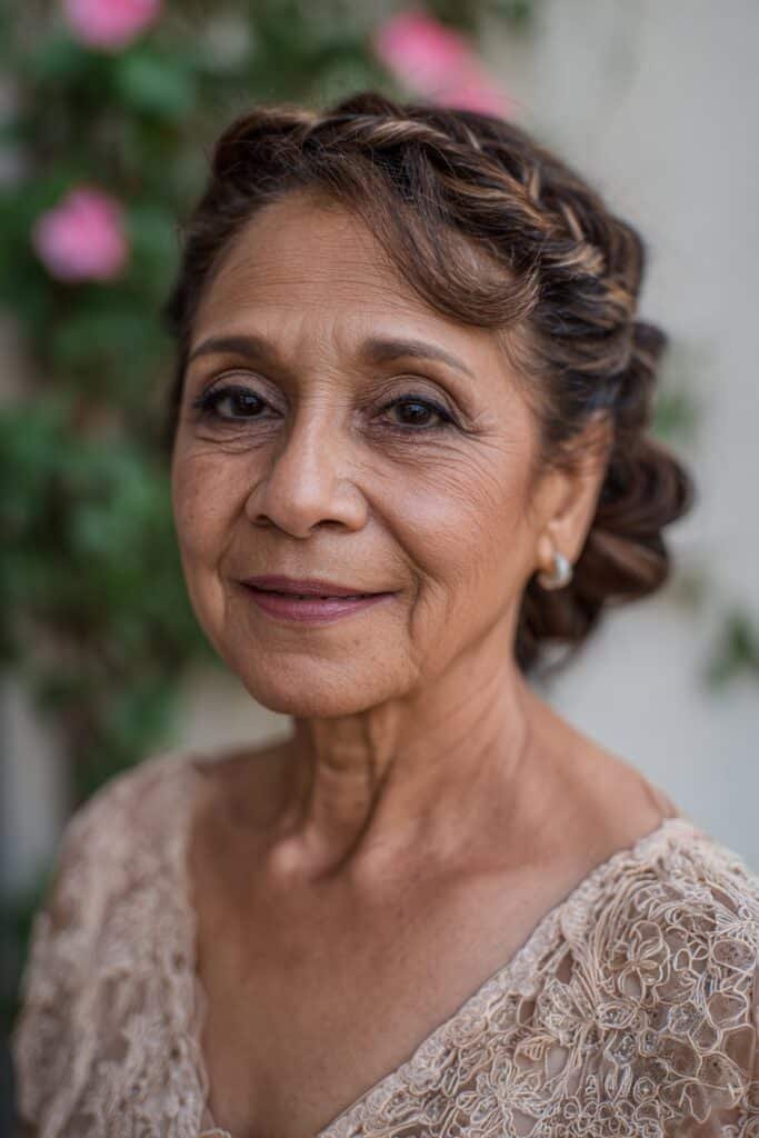 woman over 50 with soft braided crown summer wedding hairstyle