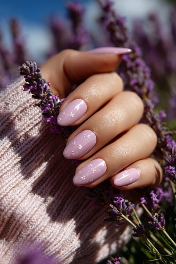 Lavender almond nails with delicate white floral accents.