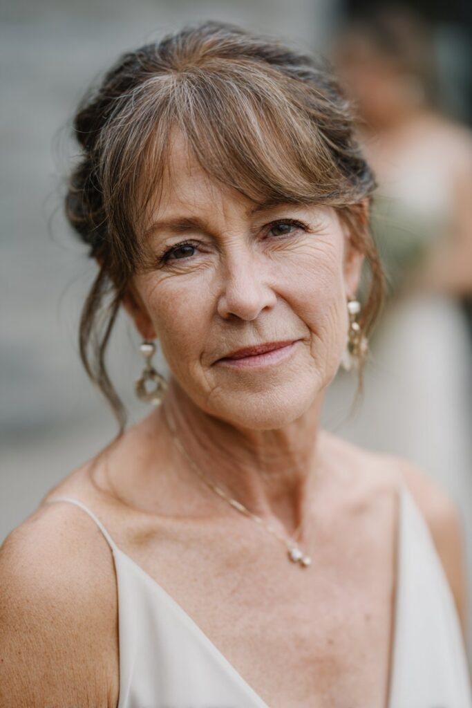 mother of the bride hairstyles with bangs low chignon side swept