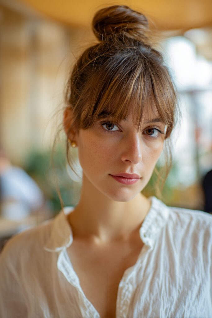 softly pinned updo with swooped bangs, soft airy hairstyle detail