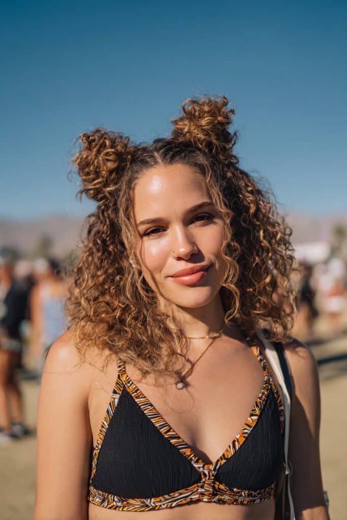 girl with double space buns festival hairstyle