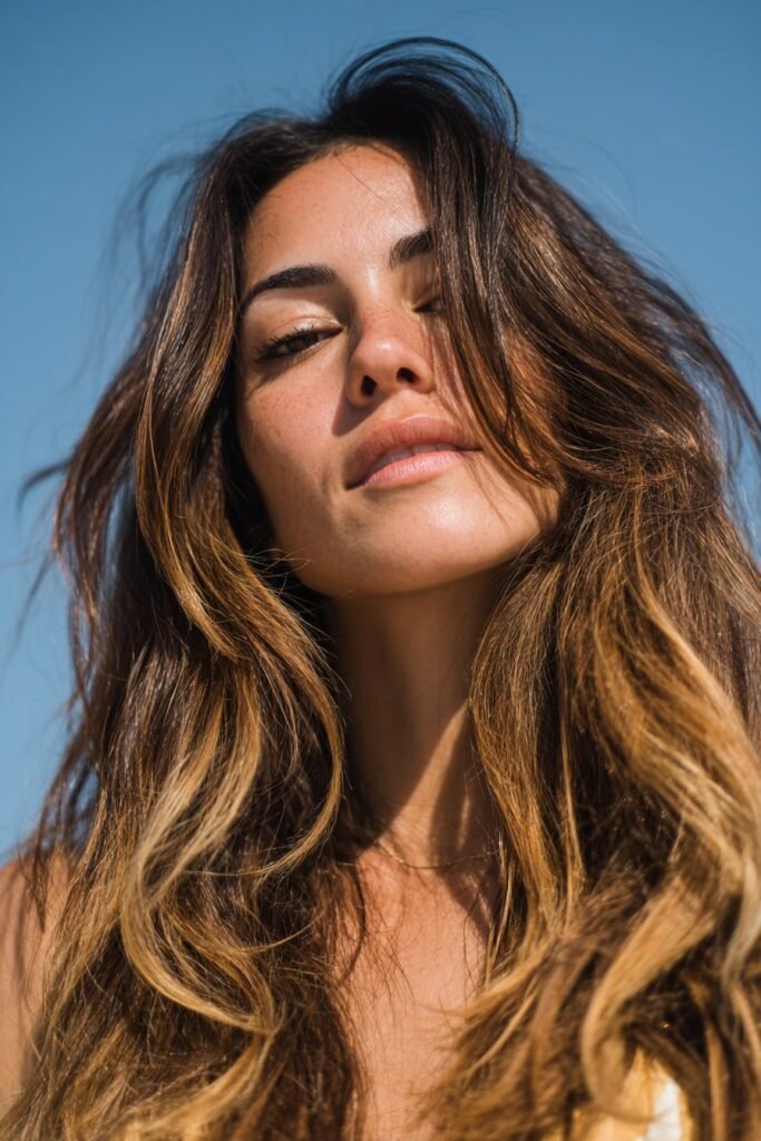 sun-kissed balayage on brunette hair with soft golden highlights