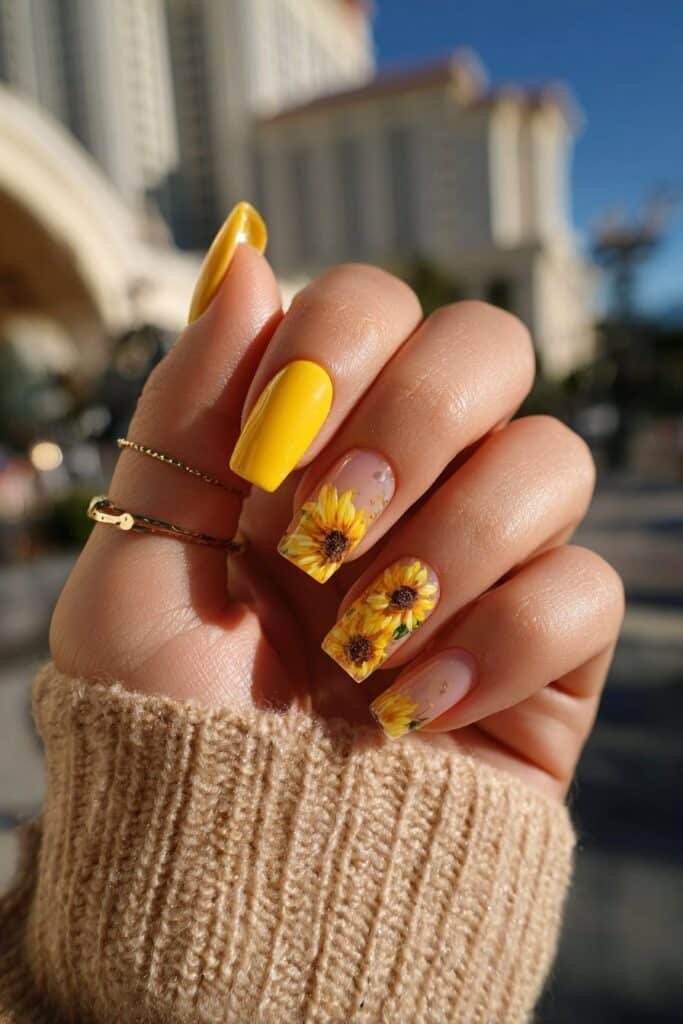 Square nails with sunflower designs on a soft nude base.