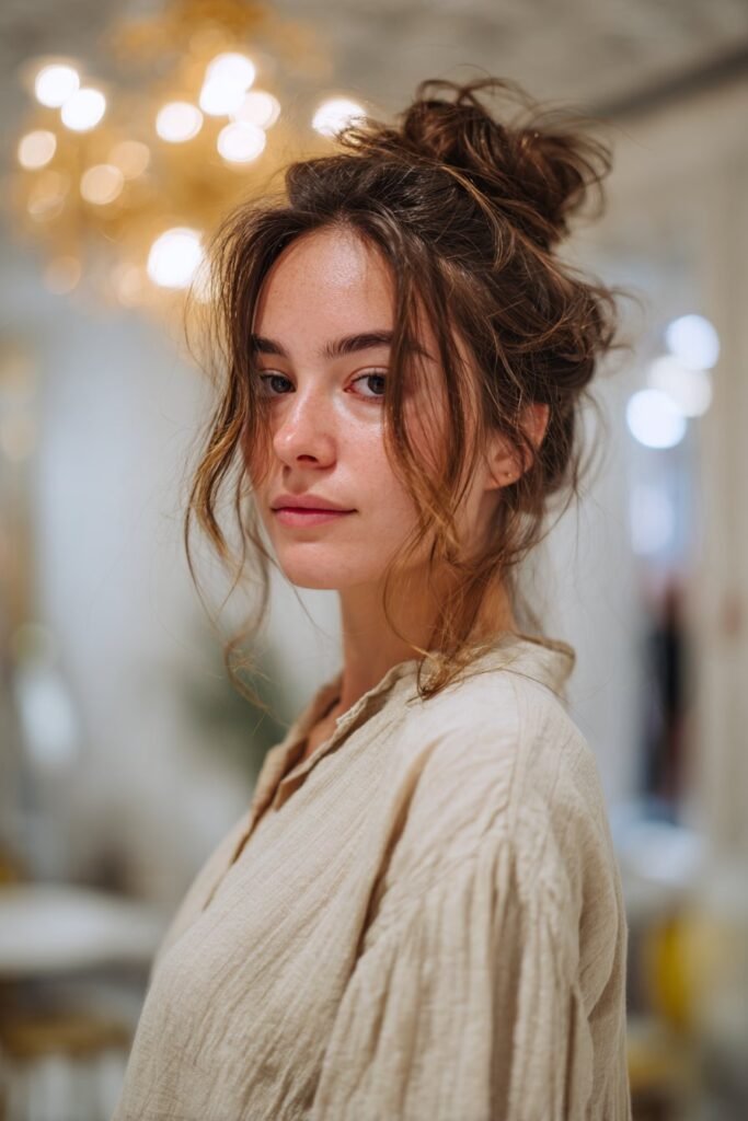 woman with boho low bun hairstyle, loose textured volume