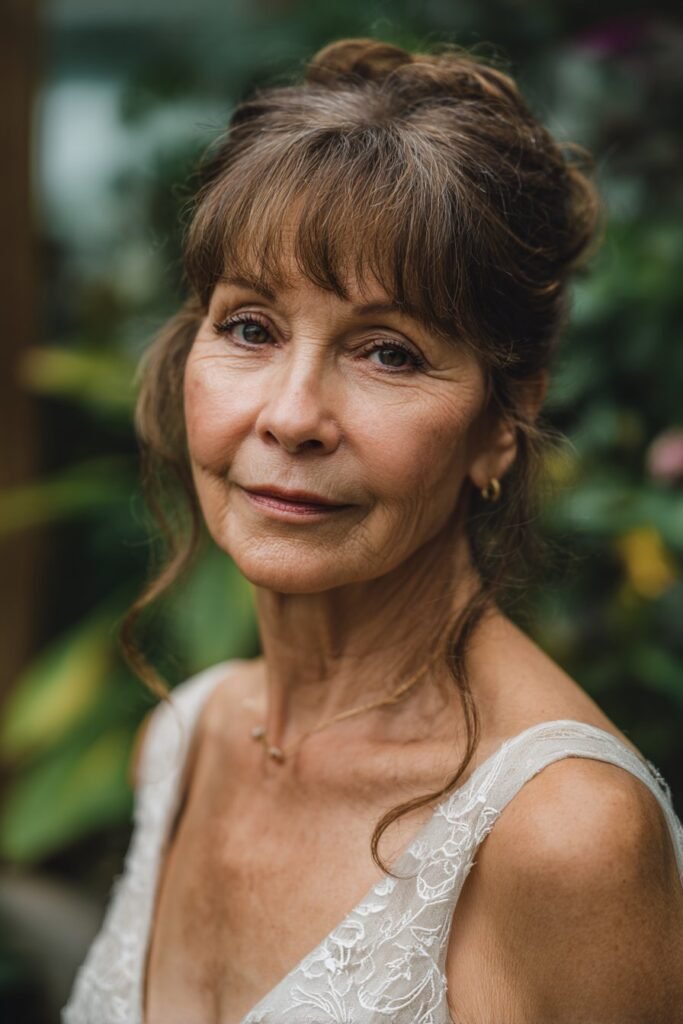 textured fringe boho bun hairstyle for mature woman wedding