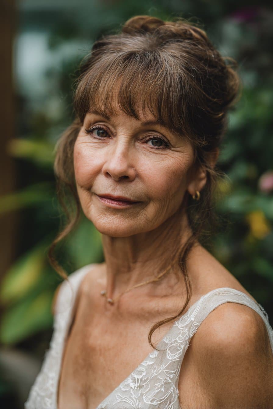 textured fringe boho bun hairstyle for mature woman wedding