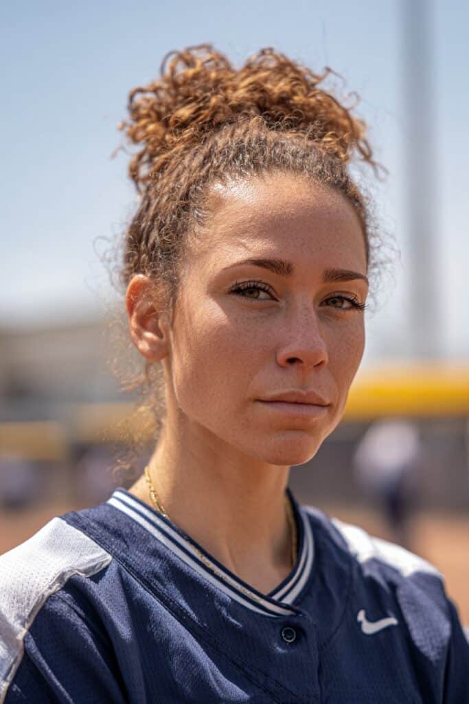 girl with textured top knot, sporty softball hairstyles