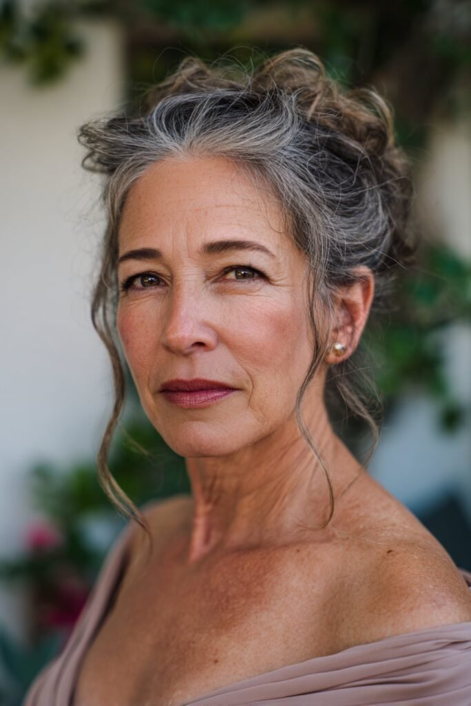 textured updo with loose pieces for mature woman wedding hairstyle