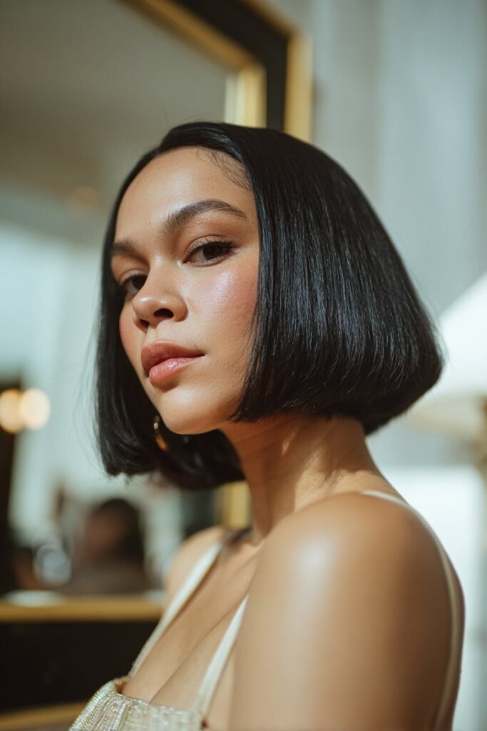 woman with classic bob hairstyle, sleek chin-length cut