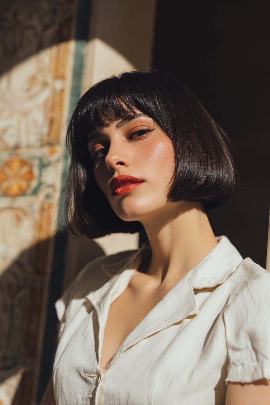 woman with dutch bob hairstyle, blunt bob with fringe