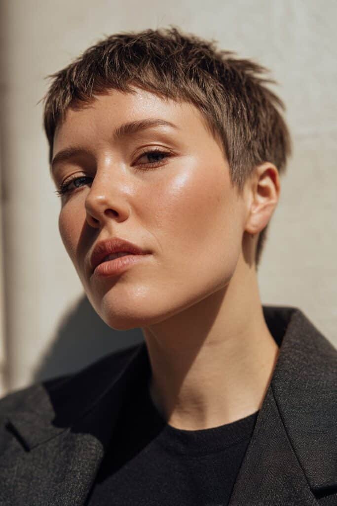woman with eton crop hairstyle, ultra short sleek cut