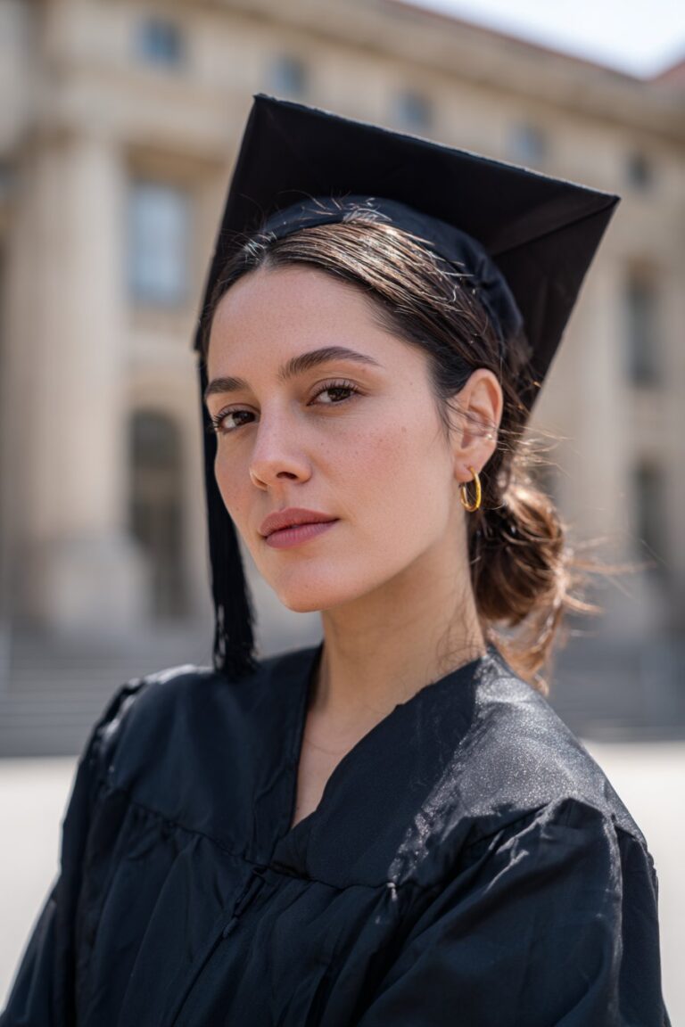 French twist updo with graduation cap, sleek vertical roll hairstyle