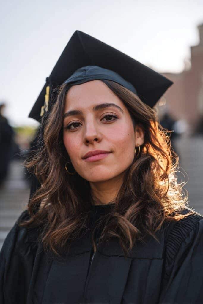half up half down graduation hairstyle, soft flowing lengths under cap