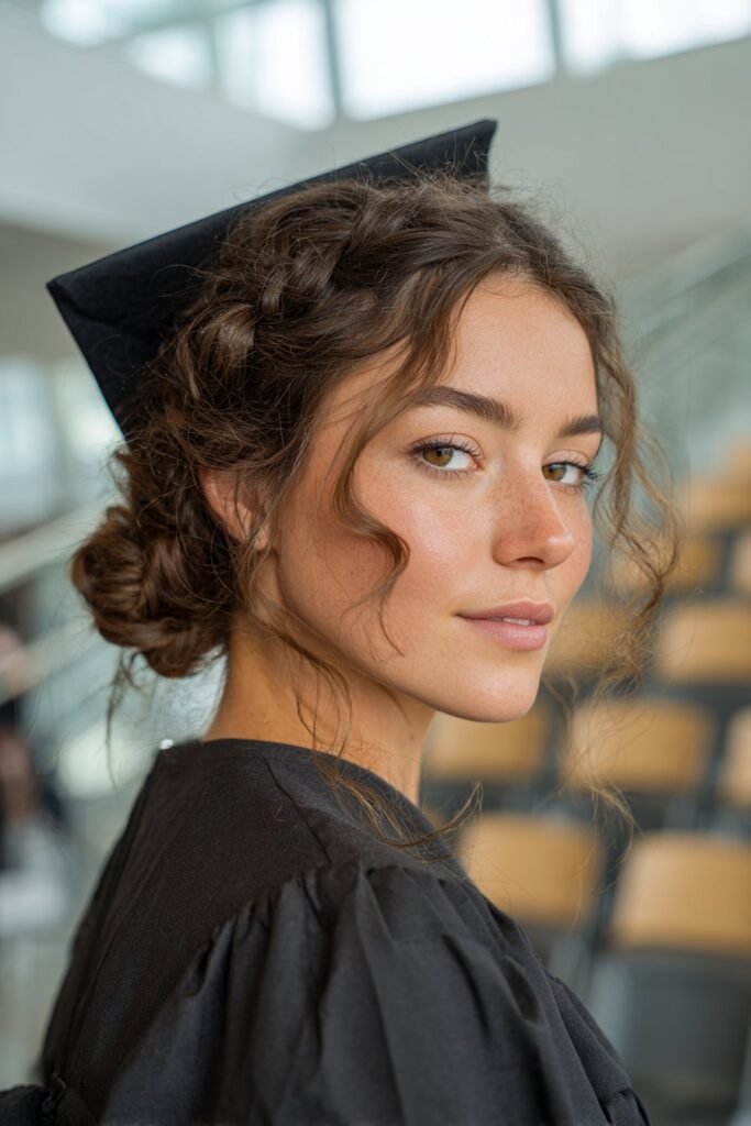knotted low bun at nape, textured graduation hairstyle under cap