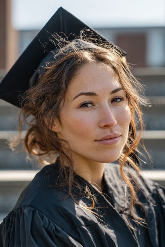 messy chignon with soft strands, relaxed graduation hairstyle under cap