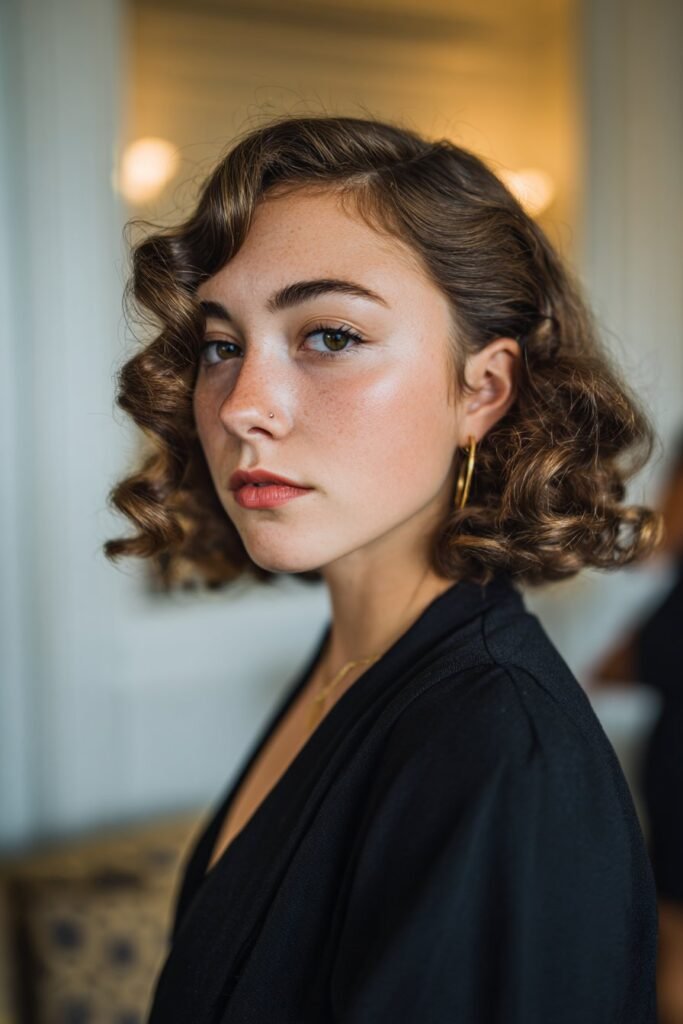 woman with side parted wave hairstyle, deep side waves