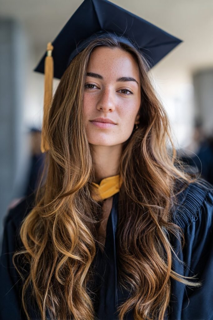 side swept waves under graduation cap, soft elegant hairstyle