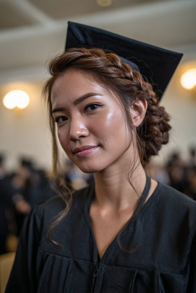 twisted chignon low bun, neat graduation hairstyle under cap