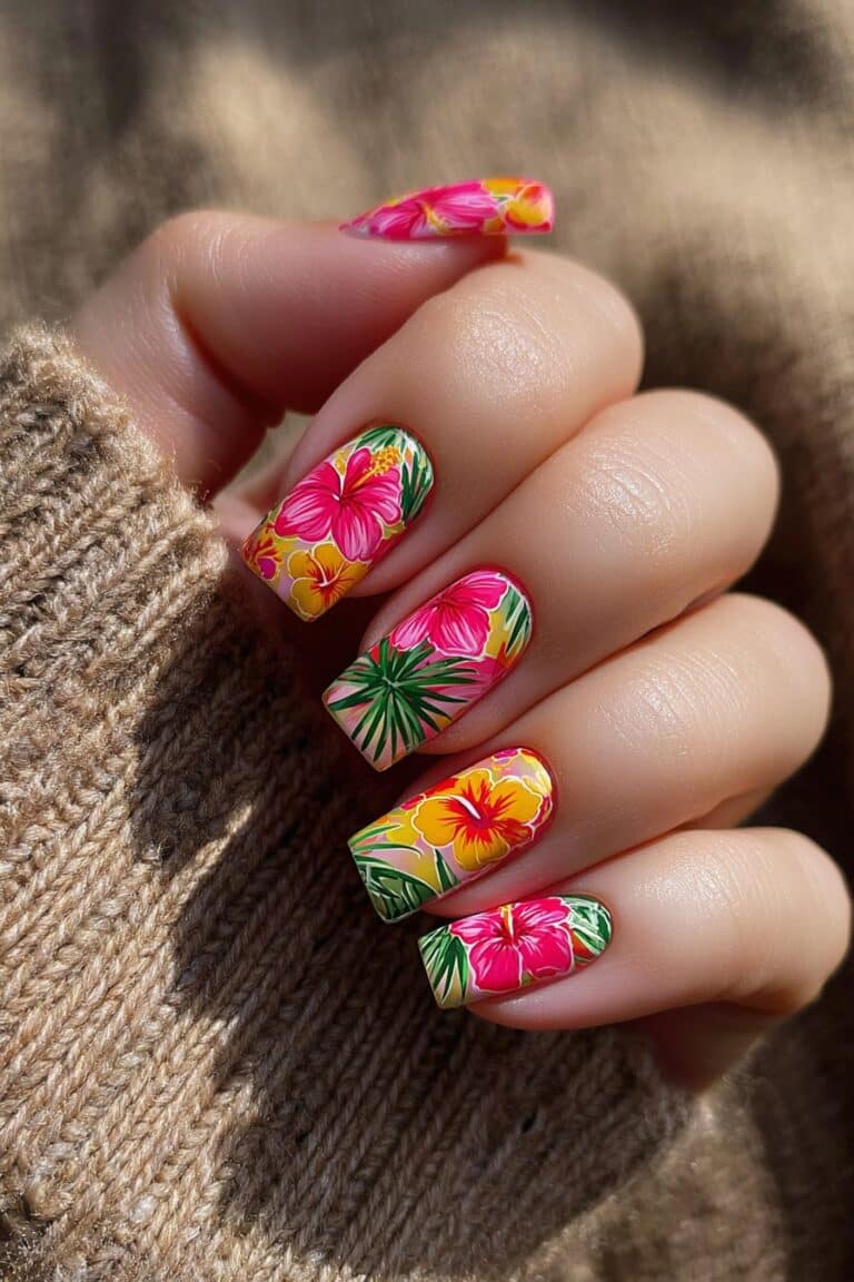 Square nails with vibrant tropical flowers in pink, yellow, and green.