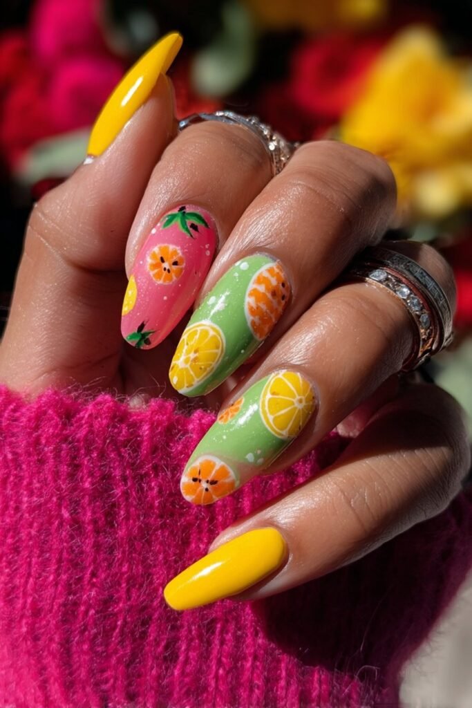 Colorful nails featuring lemons, oranges, and tiny pineapple accents.