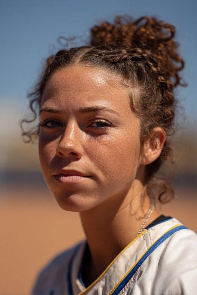 girl with twisted braided bun hair, sporty short softball hairstyles
