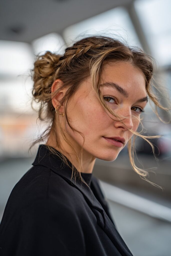 woman with twisted rope low bun hairstyle, textured twist