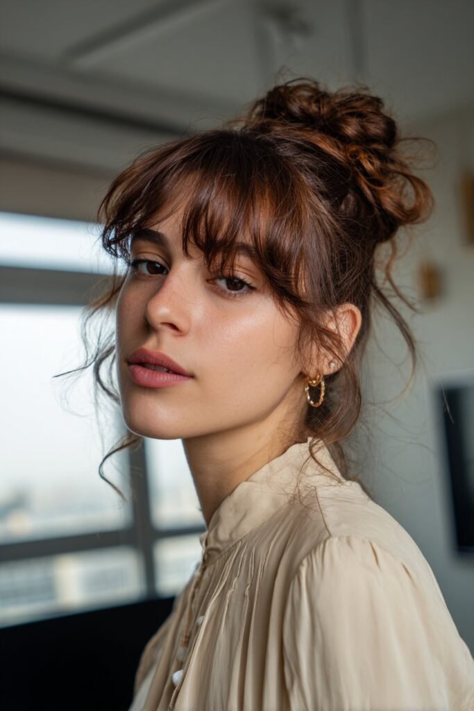 twisted updo with curtain bangs, modern soft parted hairstyle close view