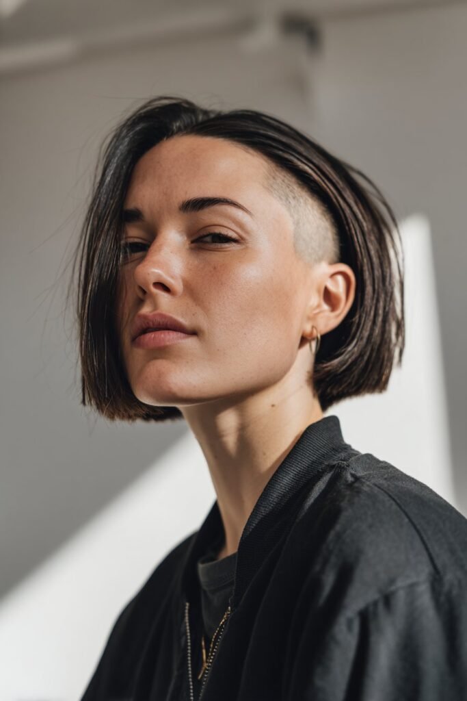 undercut bob with shaved sides and sleek top layer, edgy short hairstyle