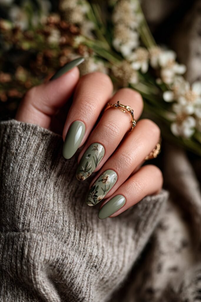 Green nails with vintage botanical leaf designs.
