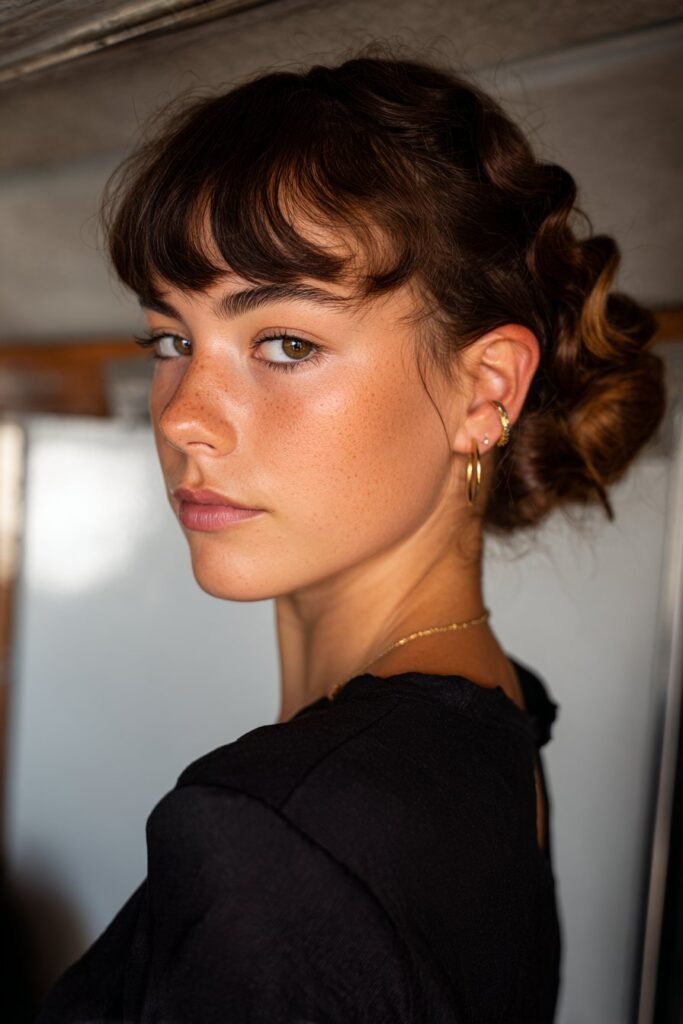 woman with vintage finger wave low bun hairstyle, sculpted front waves
