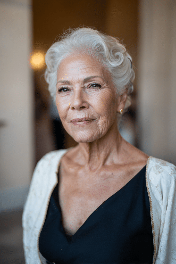 older woman vintage pinned rolls hairstyle for formal wedding