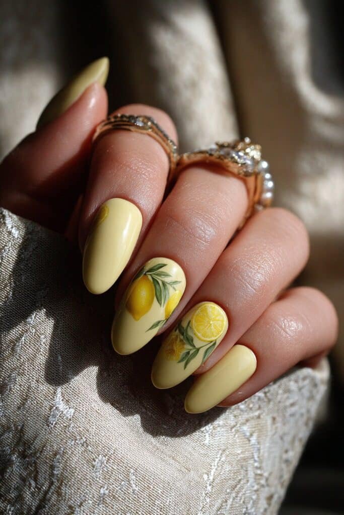 Pastel yellow nails with vintage-style lemon illustrations.
