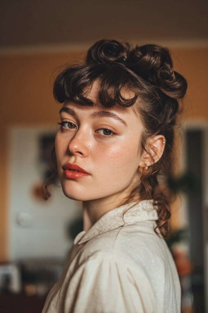 vintage victory roll updo with pin-up bangs, retro glam hairstyle close-up
