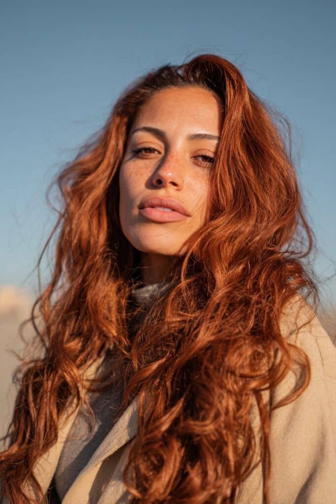brunette hair with warm auburn balayage and flowing layers