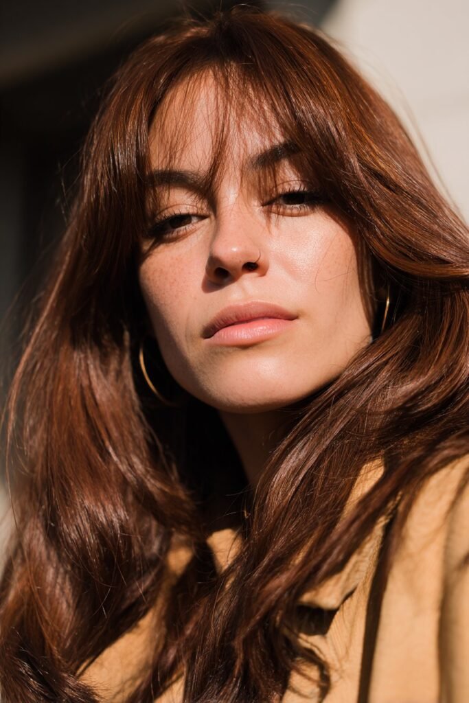 warm chestnut brunette hair with soft shine and natural layers