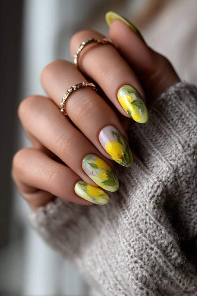 Almond nails with soft watercolor lemon art in blended yellow tones.