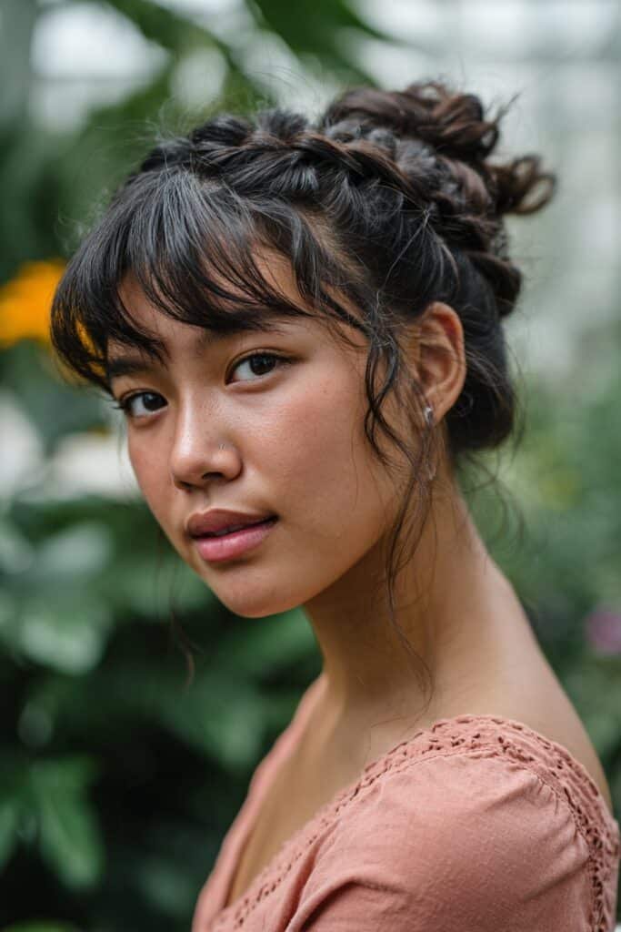 waterfall braid updo with face-framing bangs, detailed braided hairstyle