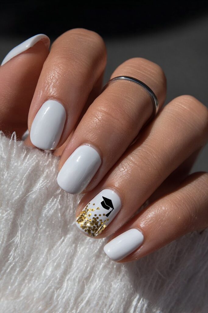 White nails with tiny gold graduation cap designs.