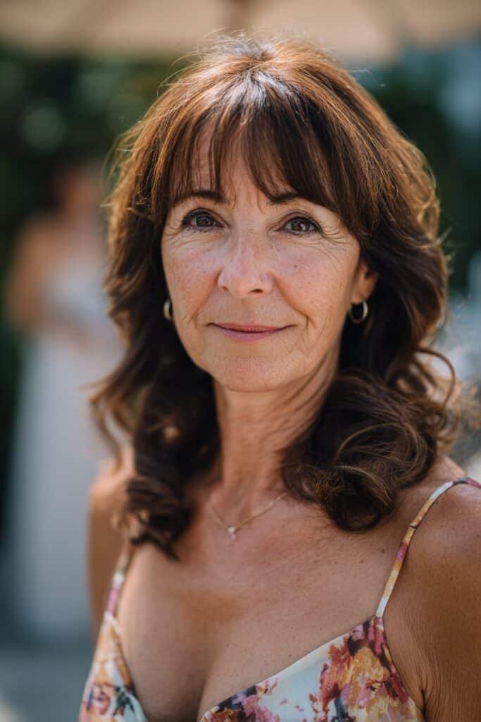wispy bangs with loose waves mother of the bride hairstyle