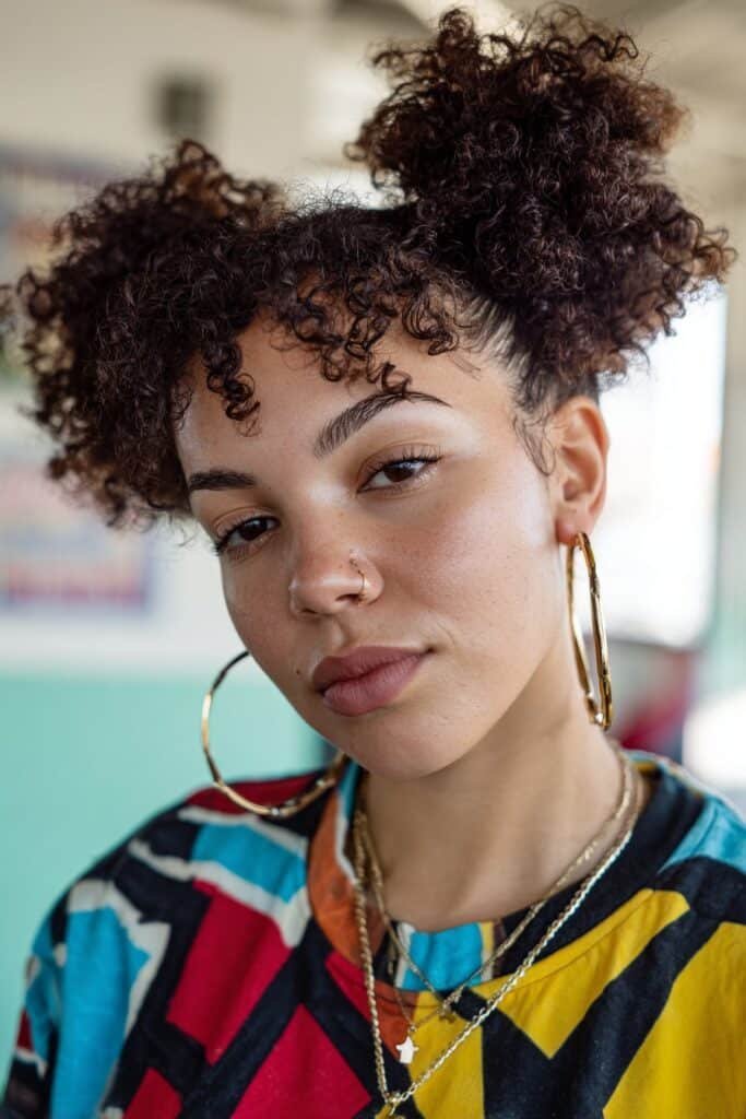 woman with double afro puffs hairstyle
