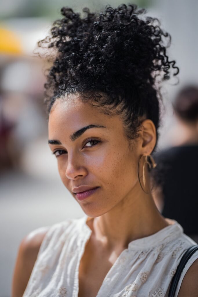 woman with bantu knot-out curls, defined curly pattern