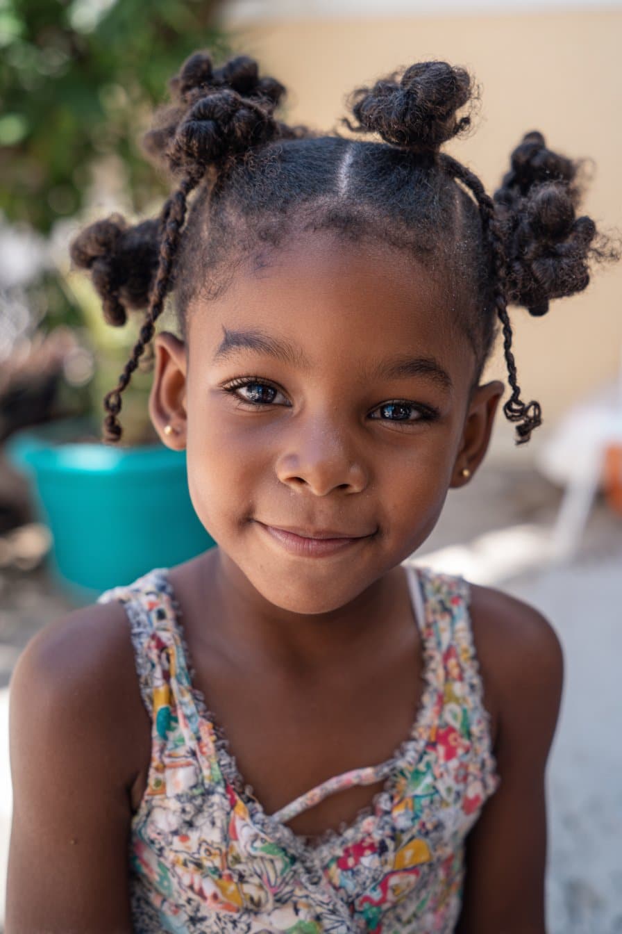 girl with bantu knots hairstyle, small coiled knots