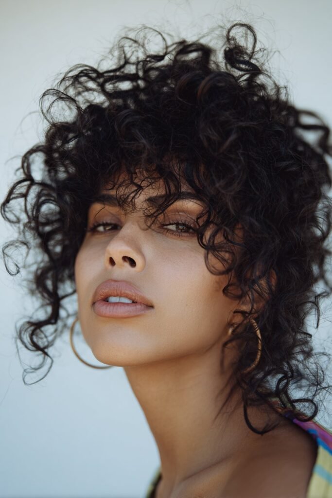 woman with big voluminous curls hairstyle