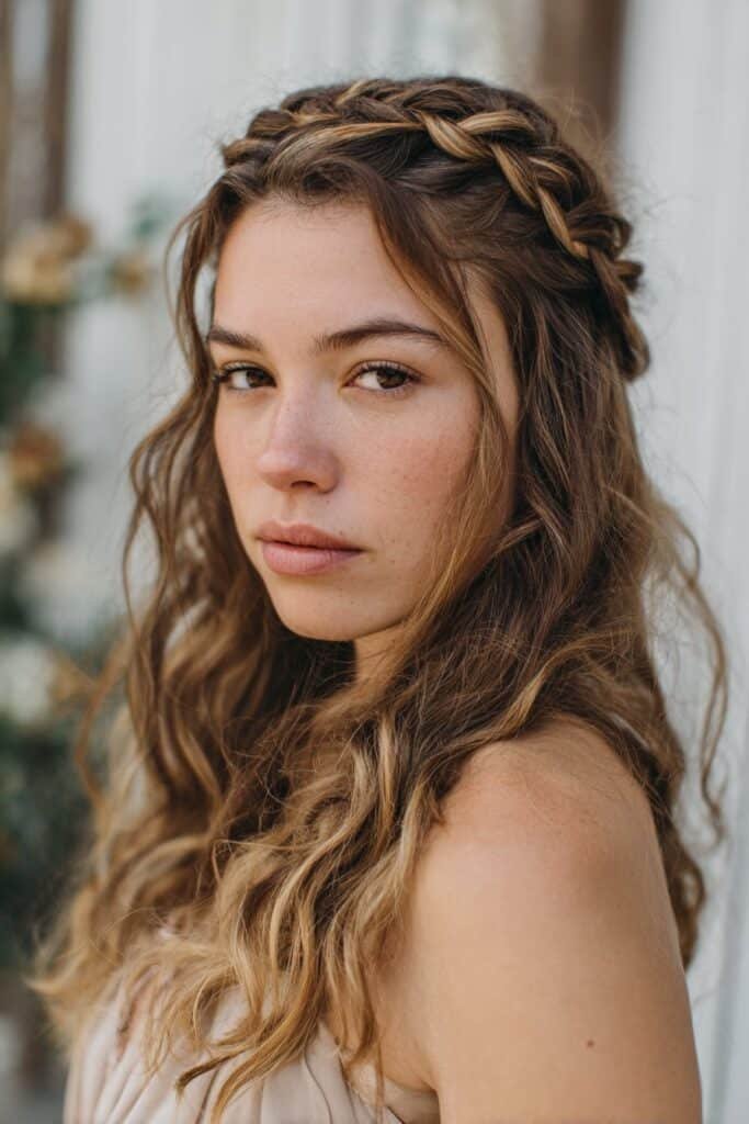 bridesmaid with boho braided crown half up hairstyle