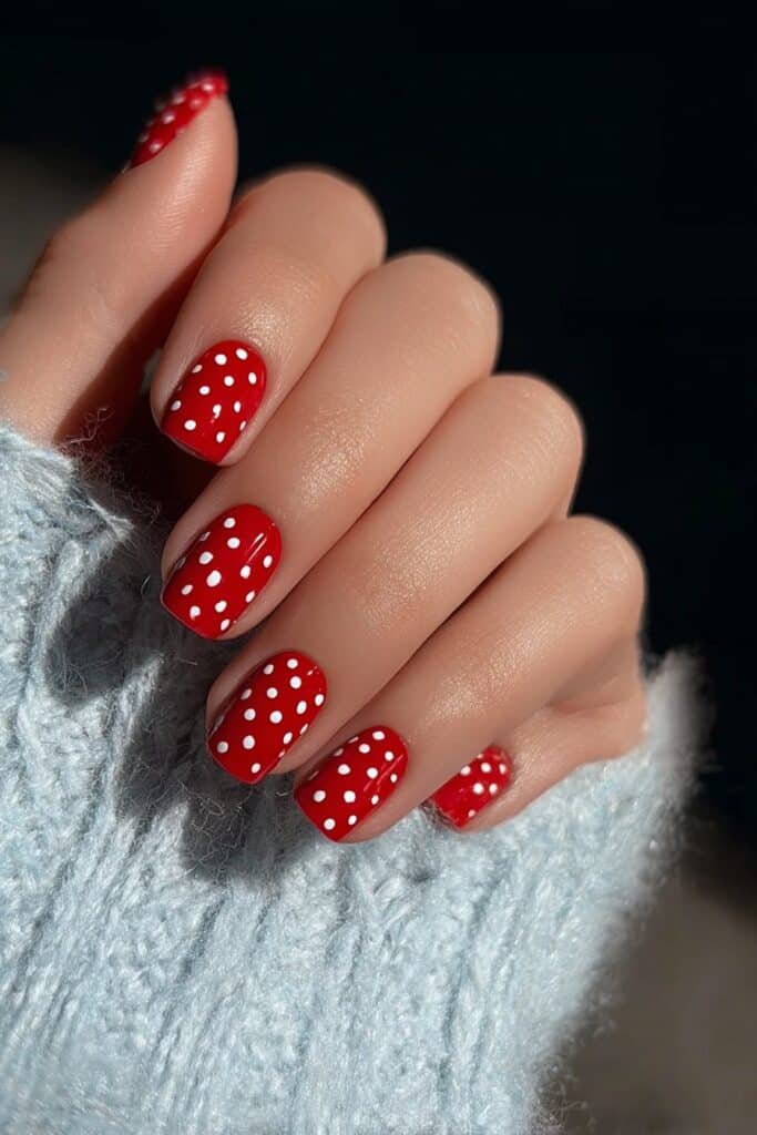 Bold red nails with tiny white polka dot patterns.