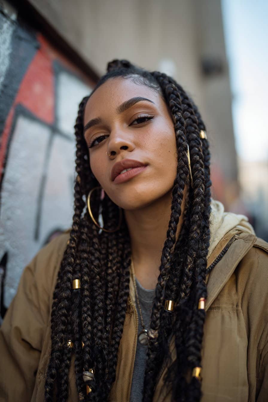 woman with 90s hip hop box braids