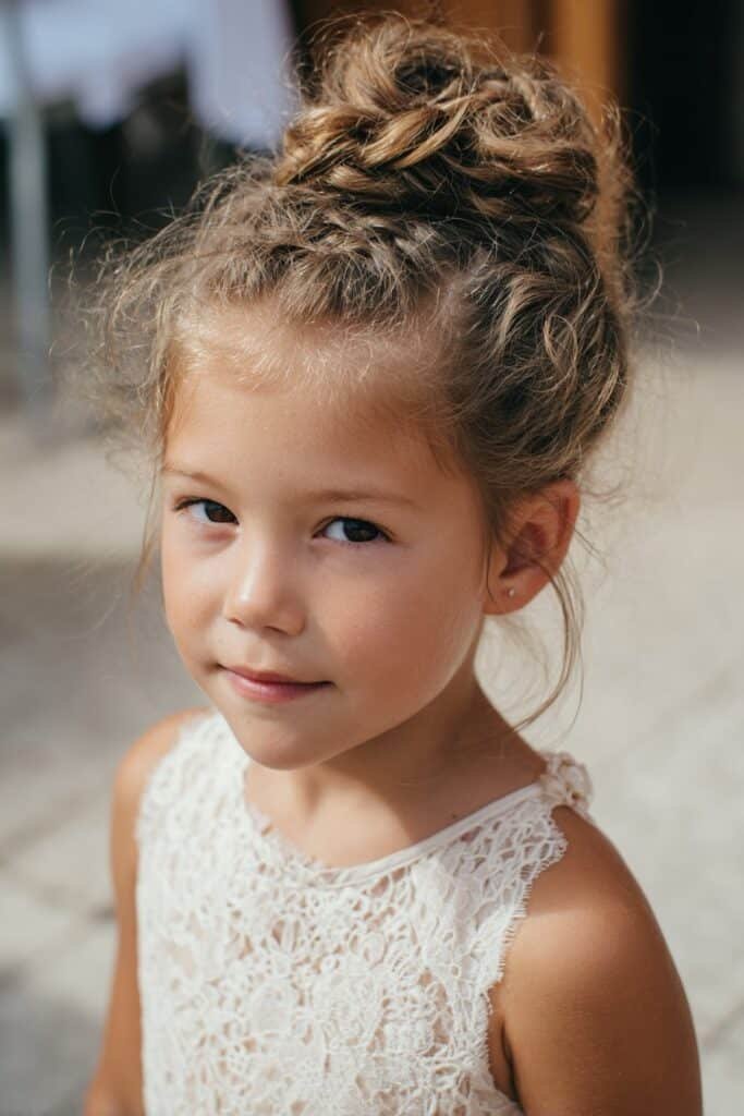 flower girl with braided bun twist hairstyle